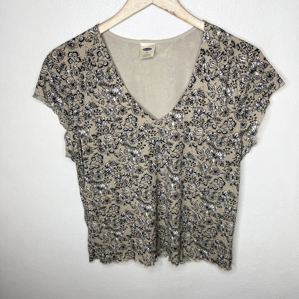 Y2K Old Navy Mesh Short Sleeve T-Shirt Lettuce Hem V-neck Womens XL Floral Print